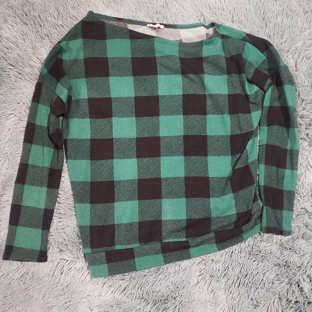 Women's Asymmetric Green Buffalo Plaid Sweater